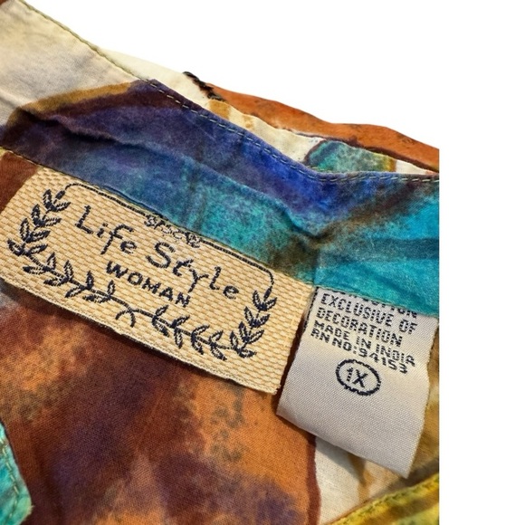 Life Style Split Neck Tunic Top Blouse Multicolor Tropical Leaf Print Size 1X - Picture 2 of 10